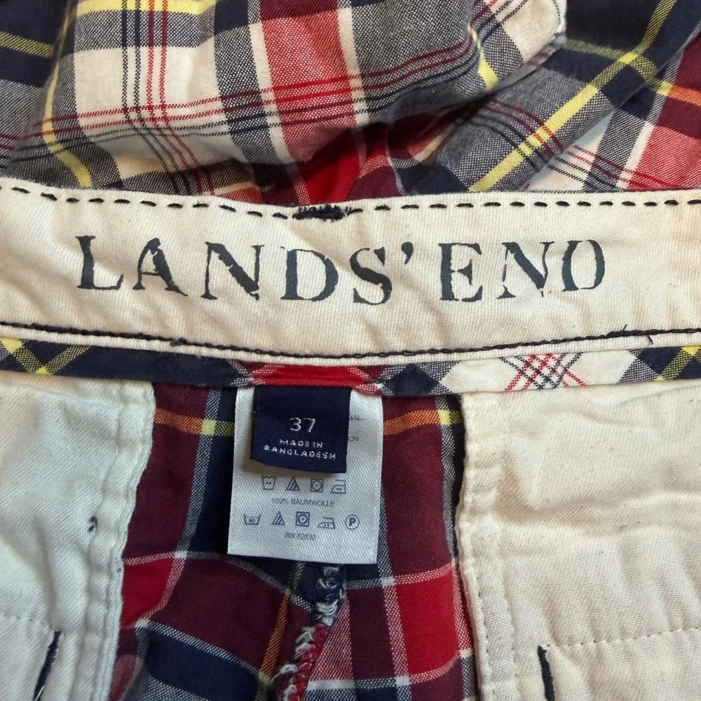 Lands End Mens Plaid Chino Shorts Red Navy Blue White Cotton Size 37 345744